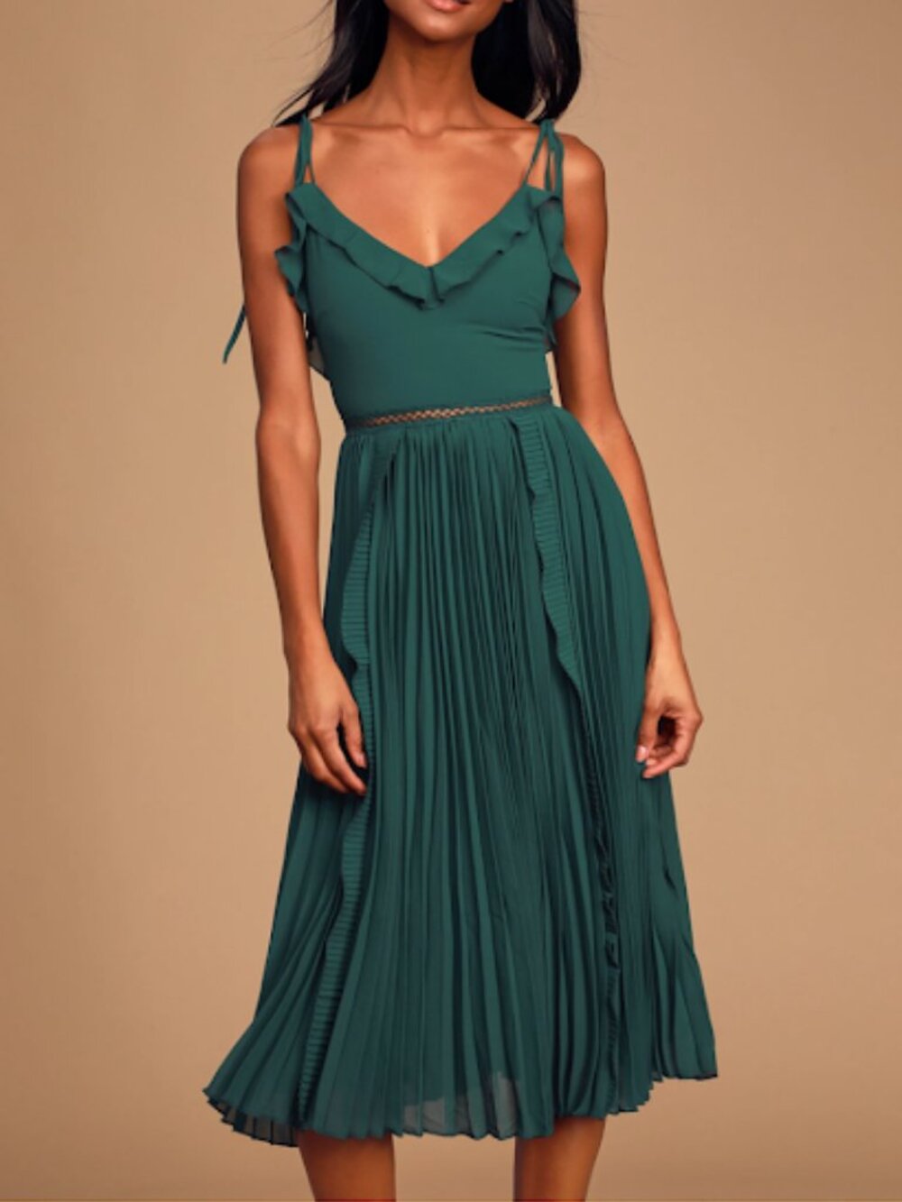 NWT Lulu's Never A Dull Moment Emerald Green Tie Strap Pleated Midi Dress S